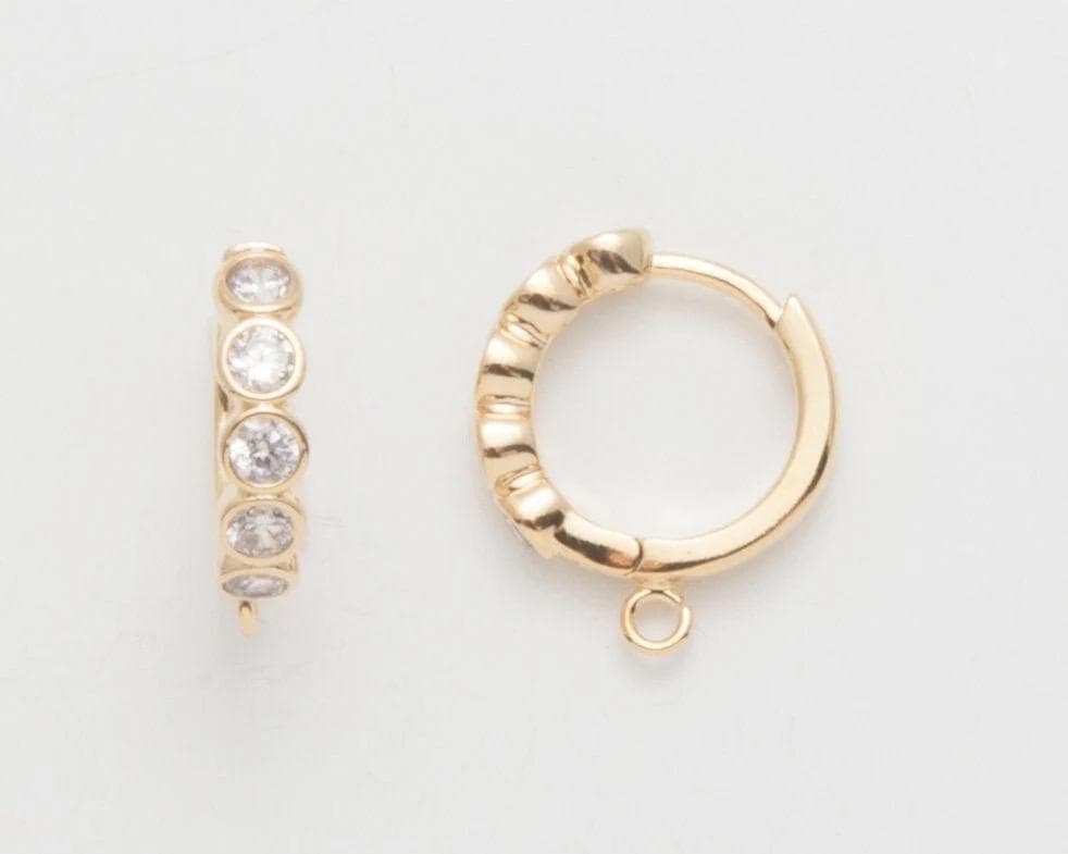 2PCS - Gold Cubic One Touch Hoop, Gold Huggie Earrings, Round CZ Hoops, Real 14K Gold Plated [E0612-PGJR]