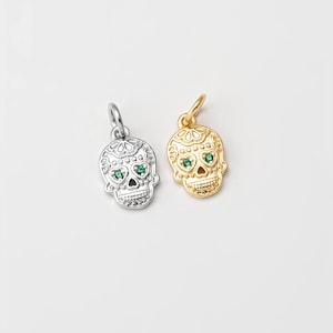 2PCS - Skull Face Dangle Beads, Emerald Cubic Skeleton Shape Bead, Minimalist Necklace Making, Real 14K Gold & Rhodium Plated [P1837]