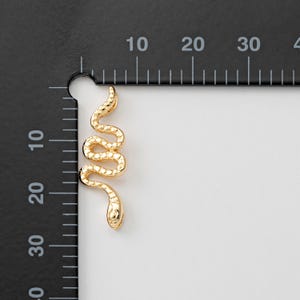 Op de afbeelding: Een goudkleurige slangenhanger met een gedetailleerd, gestructureerd ontwerp. De hanger bevindt zich in een opgerolde positie, met de kop aan de onderkant. De hanger is ongeveer 3,8 cm lang. De achtergrond is wit.