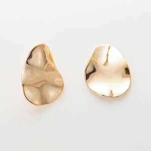 Op de afbeelding: Twee goudkleurige oorbellen met een organische vorm. De oorbellen hebben een glad, reflecterend oppervlak met subtiele kleurvariaties. Het ontwerp is abstract en modern, geschikt voor dagelijks gebruik of speciale gelegenheden. Op een witte achtergrond.