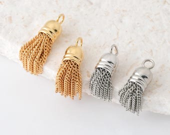 2PCS - Mini Chain Tassel Pendant, Brass Tassel Charms, Dangle Charm, 14K Gold & Rhodium Plated  [T0002]