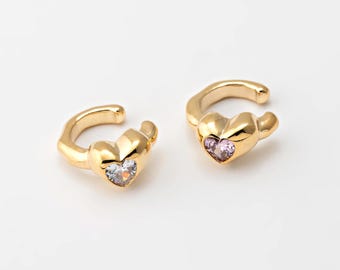2PCS - Pink Heart Cartilage Ear Cuff, Dainty Brass Indian Ear Cuff, Gold Crystal Minimalist Jewelry, Real 14K Gold Plated [E0832-PG]
