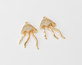 1PC - Gold Jellyfish Charms, Pave CZ Sea Life Pendant, Ocean Animal Jewelry Making Supplies, Real 14K Gold Plated [P1766-PG]