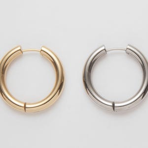 May include: Two hoop earrings, one gold and one silver, with a hinged closure.