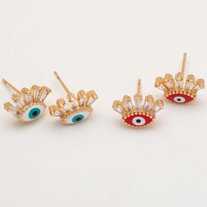 2PCS - Evil Eye Earring Stud, Enamel Stud Earrrings, Devil Eye Jewelry, Cubic Zirconia Paved Eye Earrings, 14k gold Tone [CB0205-PG]