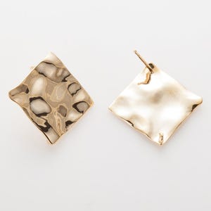 4PCS - Wavy Square 14mm Stud Earrings, Wavy Hammered Square Post Earrings, 925 Sterling silver stick, Real 14K Gold Plated [E0422-PG]
