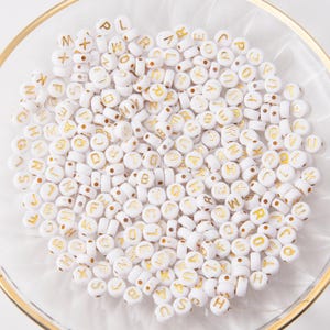 100PCS - 7mm Alphabet Letter Beads , White & Gold Color Round Acrylic Beads with Letters, ABC Name Beads, A-Z Letter Beads [CB0015]