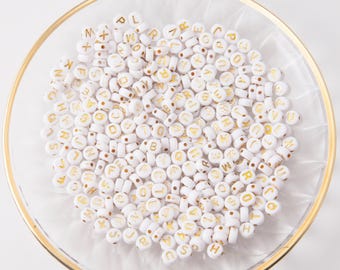 100PCS - 7mm Alphabet Letter Beads, White & Gold Color Round Acrylic Beads with Letters, ABC Name Beads, A-Z Letter Beads [CB0015]