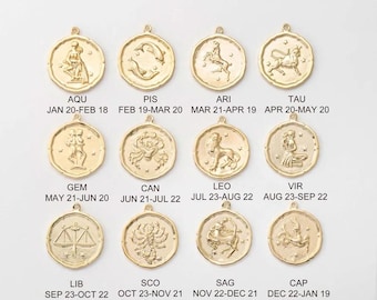 2 peças - Pingente de moeda do zodíaco, 12 pingentes de disco de ouro com constelação para fazer joias, presente de horóscopo, banhado a ouro 14K genuíno [P0768-PG]