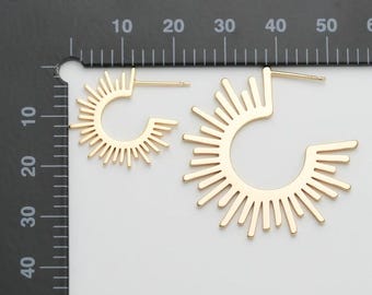 2PCS - 21mm 34mm Gold Sun Round Posts Earring, Sun Ray Stud Earrings, Real 14K Gold Plated [E0515-PG]