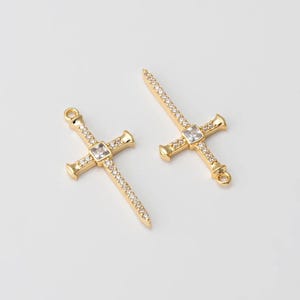 2PCS - Crystal Zircon Sword Saber Charms, Cross Knife Dangle Pendant, Jewelry Making, Real 14K Gold Plated [P1646-PG]