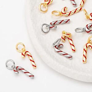 2PCS - Candy Cane Charm with Red Enamel, Christmas Holiday Pendant for DIY Earrings or Bracelet, Real 14K Gold & Rhodium Plated [P2039]