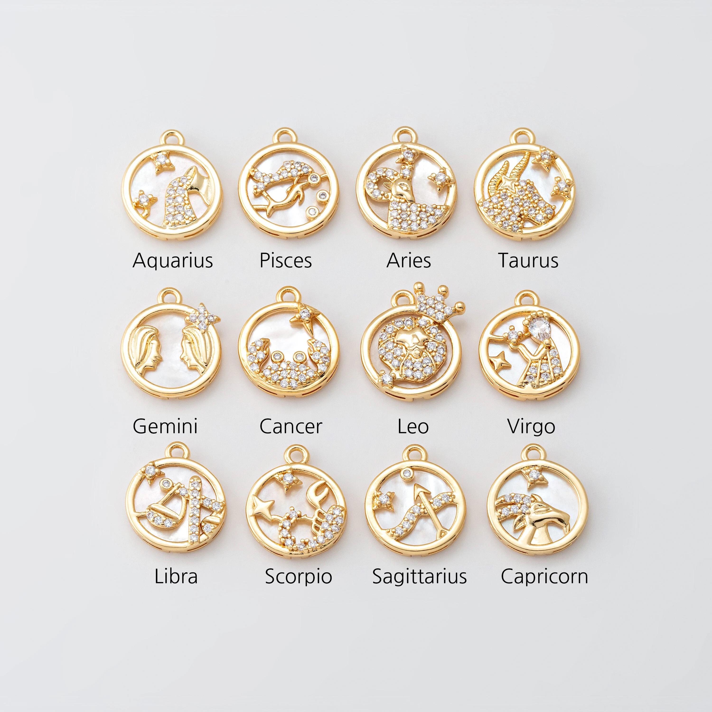 1PC - Round Horoscope Sign Constellation Astrological Zodiac Charms,Celestial Birth Crystal Zircon Pendant, Real 14K Gold Plated [P1702-PG]