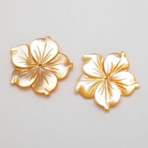 Puede incluir: Dos colgantes iridiscentes en forma de flor. Cada colgante tiene cinco p&eacute;talos con l&iacute;neas grabadas que irradian desde el centro. Las conchas tienen un tono amarillo dorado nacarado, sobre un fondo neutro.
