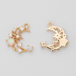 2PCS - Moon Cubic with Opal Pendant, Moon Star Dangle Charms, Making Necklace Supplies, Real 14K Gold Plated [P1219-PG]