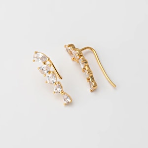 2PCS - Crystal Zircon Teardrop Shape Leaf Climber Flat Hook Earrings, Upper Earlobe Cartilage Earrings, Real 14K Gold Plated [H0117-PG]