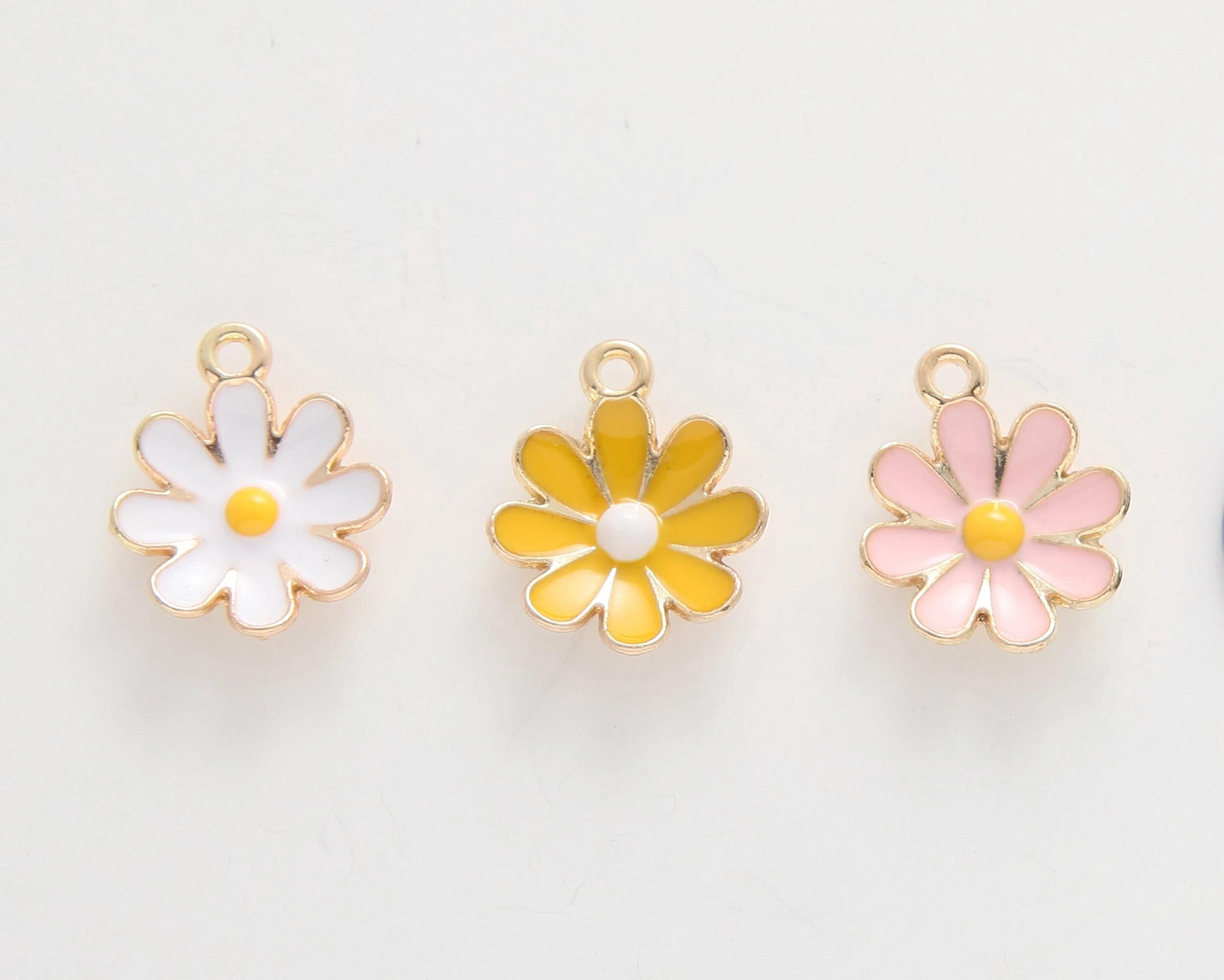 2PCS - Daisy Flower Enamel Charms, Enamel Flower Pendant, 14K Gold