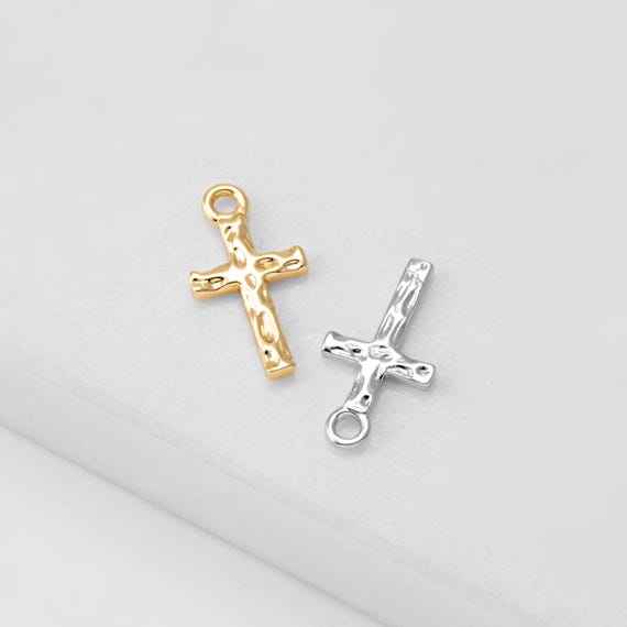 4PCS - Mini Hammered Cross Charm, Vintage Necklace charms, Tiny Religious Jewelry Necklace Pendant, Real 14K Gold & Rhodium Plated [P0357]