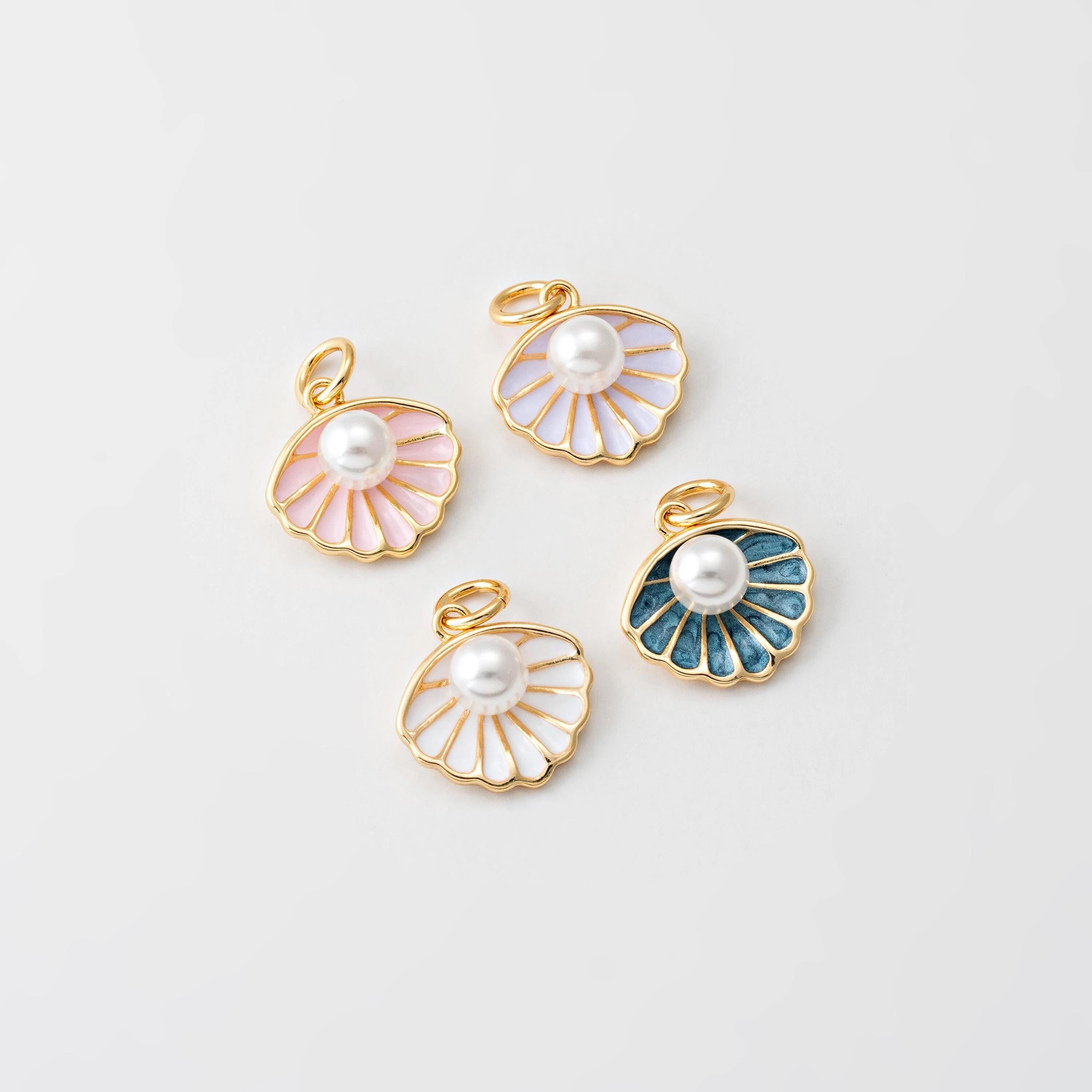 1PC - Pearl Seashell Charm, Enamel Shell With 6mm Pearl Pendant, Oyster ...