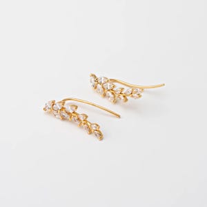 2 piezas - Pendientes de gancho de circonita con hojas de cristal, alambre para el cartílago de la oreja, chapado en oro auténtico de 14 quilates [H0061-PG]