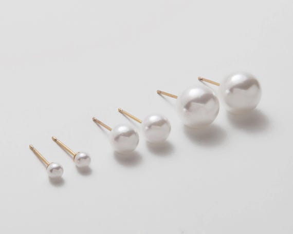 2PCS - 4mm 6mm 8mm Pearl Stud Earring, 925 sterling silver post, pearl Jewelry Earrings, Real 14K Gold & Rhodium Plated [E0569]
