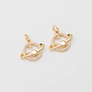 2PCS - Saturn Crystal Zircon Saturn Charm, Planet Spaceship Pendant, Minimalist Celestial Jewelry Making, Real 14K Gold Plated [P1857-PG]