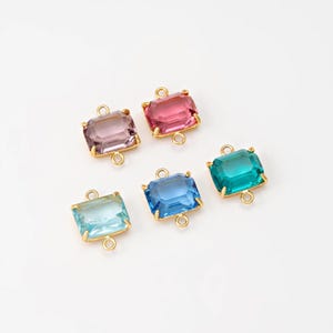 2PCS - Rectangle Shape Aqua Pink Violet Emerald Sapphire Glass Connector, Square Glass Bracelet Connector, Real 14K Gold Plated [G0406-PG]