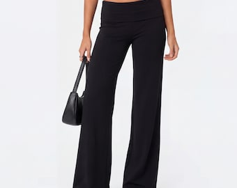 Foldover Wide Leg Flare Pants Women | Seamless Soft Knit Low Rise Trousers | Casual Boho Lounge Pants Gift for Her