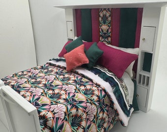 Dolls House Luxury Dressed 1/12th - 1:12 - 1 inch scale Double ( Charles Rennie Mackintosh ) bed with Liberty fabrics - Greta