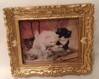 DOLLS HOUSE MINIATURES - 1/12th Hand Framed picture - curious cats (5)