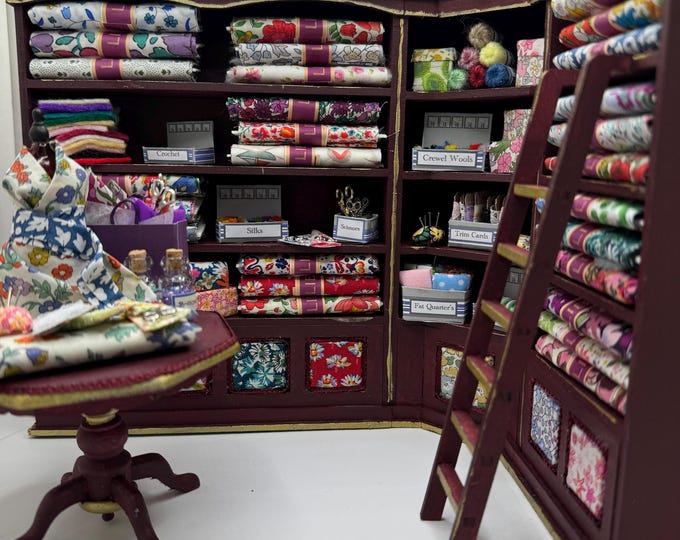 Featured listing image: Dolls House Miniatures - 1/12th  Liberty fabric and Inspired Haberdashery Shop Shelves and display Table