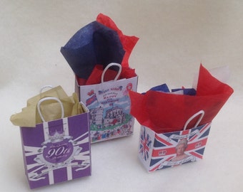 Dolls House Miniatures - 1/12th Queen Elizabeth ll  - 90th Birthday celebration bags