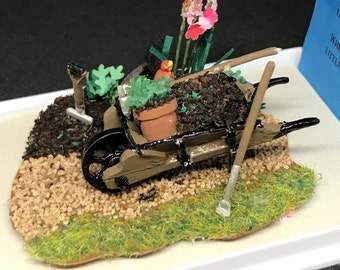 Dolls House Miniatures ( 1/48th - 1:48th - 1/4" - Quarter Inch Scale )  Hand Made Garden Wheelbarrow Scene