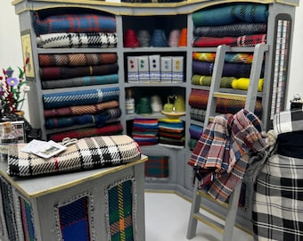 Dolls House Miniatures - 1/12th  Tartan fabric Inspired Haberdashery Shop Shelves and counter and mannequin