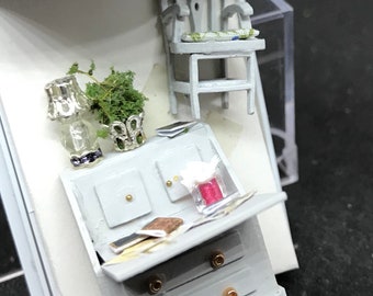Dolls House Miniatures - Hand Made Desk & Chair (1/48th, 1/4inch, quarter scale) -