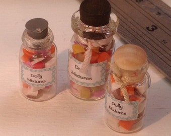 Dolls House Miniatures - 1/12th Miniature Jar of sweets x1 (Dolly Mixtures, Liquorice Allsorts, Stemmed Jar with lid)
