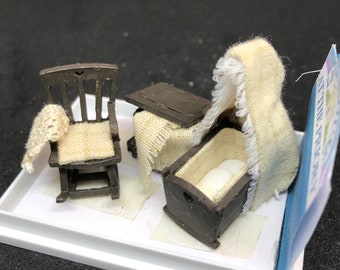 Dolls House Miniatures - Hand Made COT SET (1/48th / 1:48 / Quarter Scale ) - BROWN
