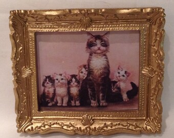 DOLLS HOUSE MINIATURES - 1/12th Hand Framed Picture - Prim and proper cats (4)