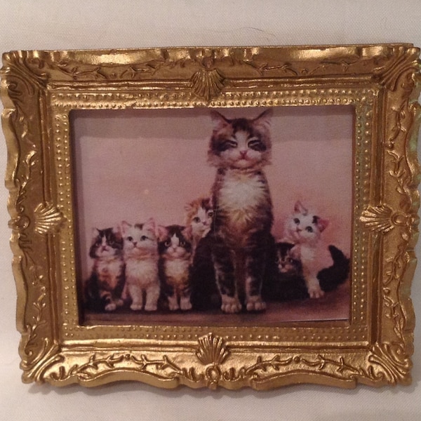 DOLLS HOUSE MINIATURES - 1/12th Hand Framed Picture - Prim and proper cats (4)