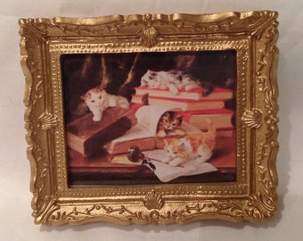 DOLLS HOUSE MINIATURES - 1/12th Hand Framed picture - Library cats (7)