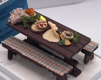 Dolls House 1/48th / 1:48 /Quarter Scale -  Bench Table set with Food