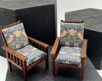 Dolls House Miniatures 1/24th / 1:24th / Half Inch Scale -  arts and crafts chairs x2 William Morris’s fabric