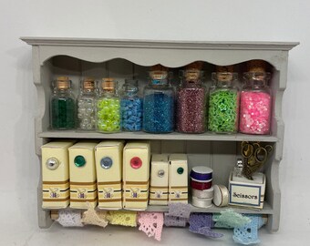 Dolls House Miniatures - 1/12th  -  Grey Haberdashery / Sewing Wall Shelves