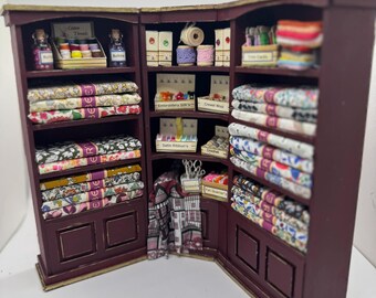 Dolls House Miniatures - 1/12th  Liberty fabric and Inspired Haberdashery Shop Shelves (2 pc)