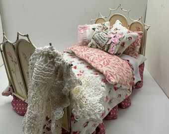 Dolls House Dressed 1/12th Vintage Shabby Chic Metal bed - Francesca