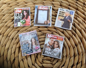 Dolls House Miniatures -  5 x UK Tabloid Newpapers - Royal Baby "Cambridge" announcement 1/12th