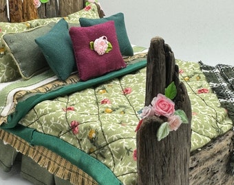 Dolls House Luxury Dressed 1/12th - 1:12 - 1 inch scale Handmade Driftwood bed - Fern