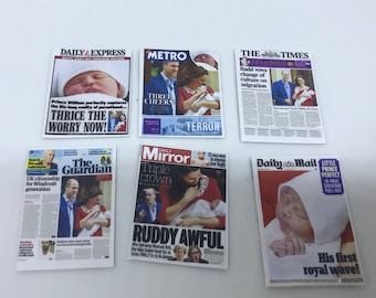 Dolls House Miniatures -  6 x Royal newspaper covers  - Royal Baby "Prince Louis” 1/12th