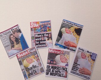 Dolls House Miniatures -  6 x UK Newpapers - Set B - Royal Baby Princes Charlotte 1/12th
