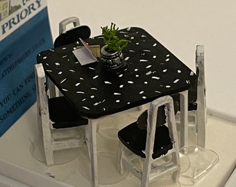 Dolls House 1/48th - Black White Table and Chairs - retro